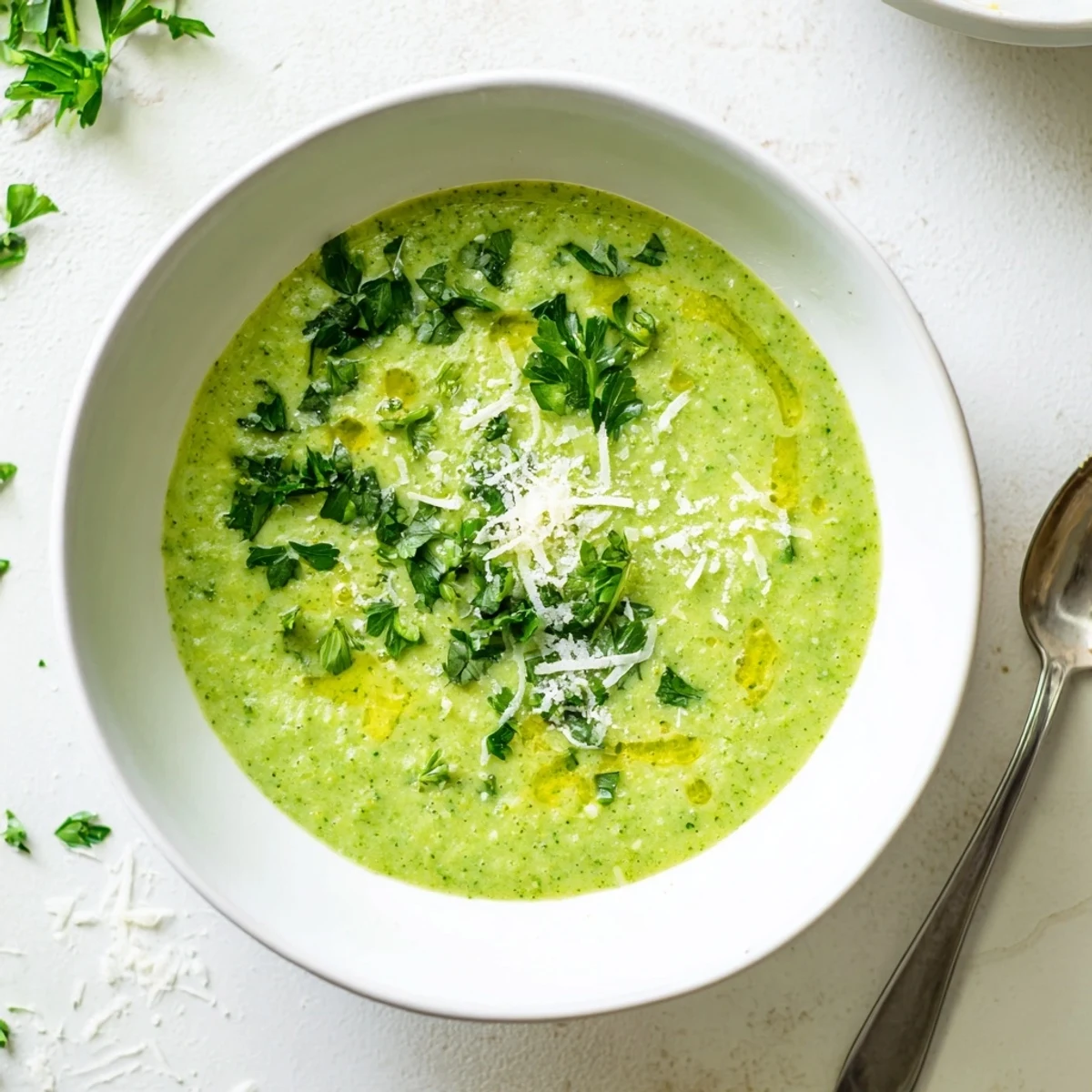Creamy homemade Italian broccoli soup garnished with grated Parmesan and fresh green herbs
