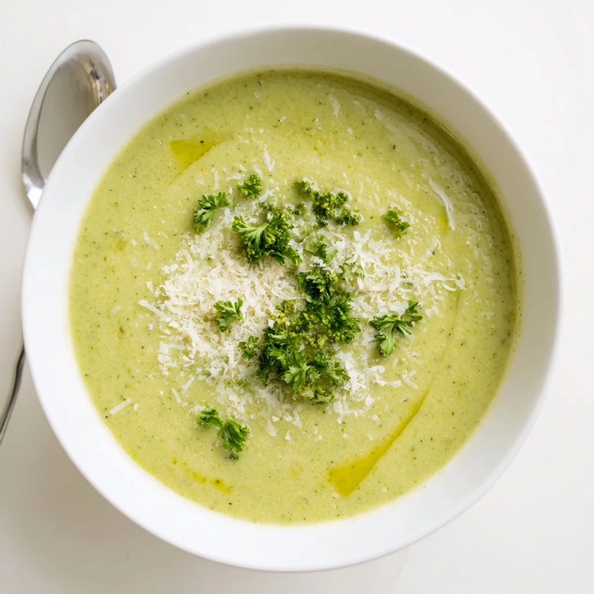 Steaming bowl of velvety Italian broccoli soup with olive oil drizzle and crusty bread