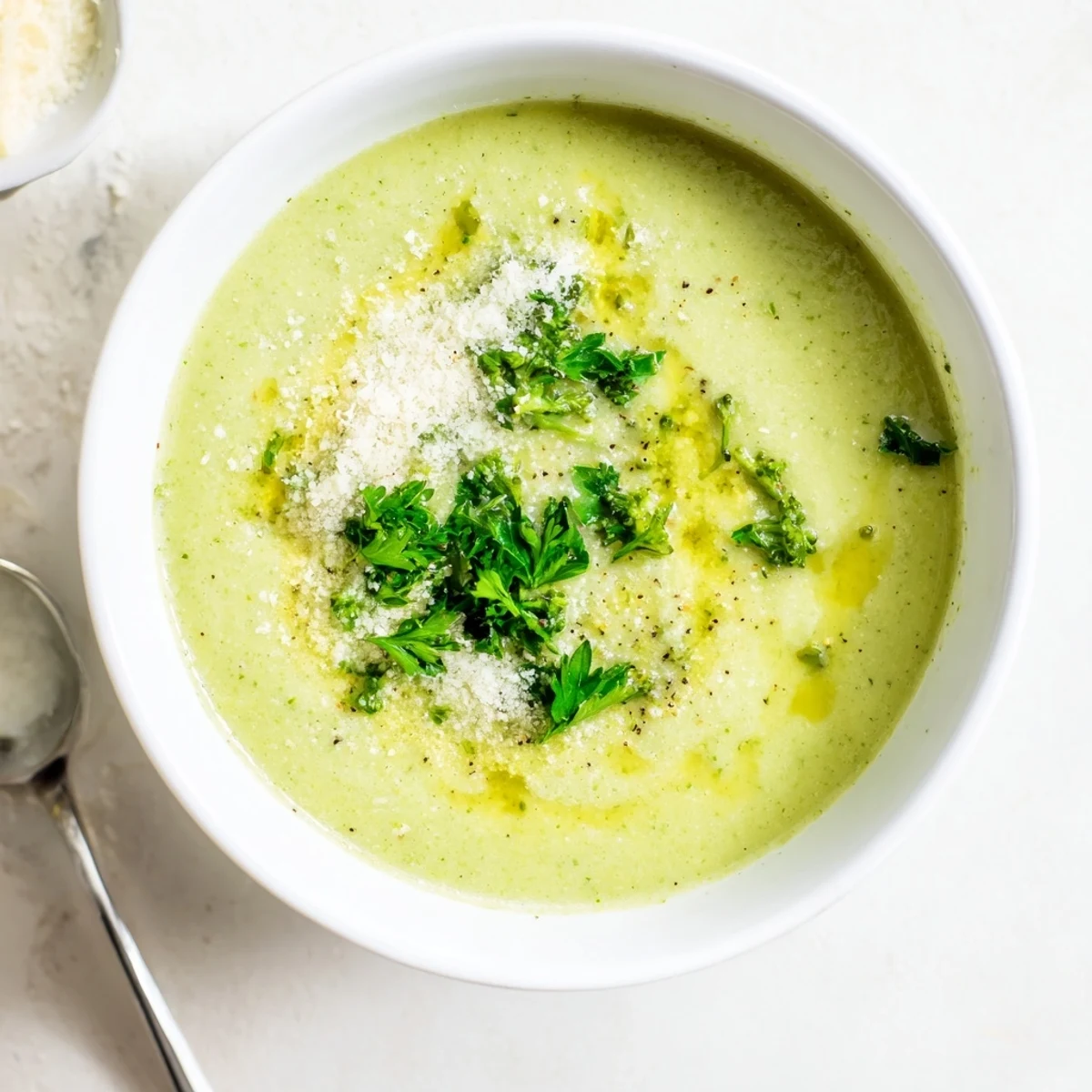 Smooth pureed homemade Italian broccoli soup served in white bowl with basil sprinkle