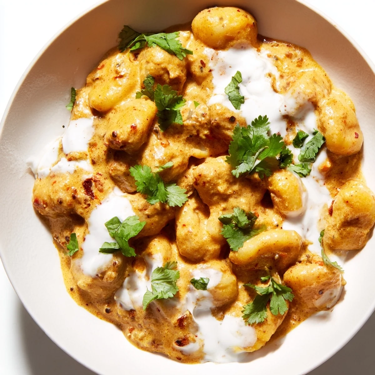 Creamy Tikka Masala Gnocchi featuring pillowy potato dumplings smothered in spiced orange-red sauce with fresh cilantro garnish