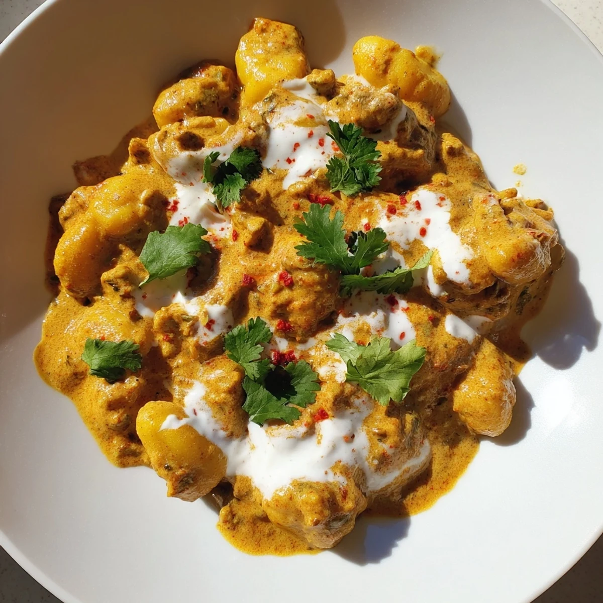 Golden brown potato gnocchi tossed in rich aromatic tikka masala sauce with cream and vibrant green cilantro topping