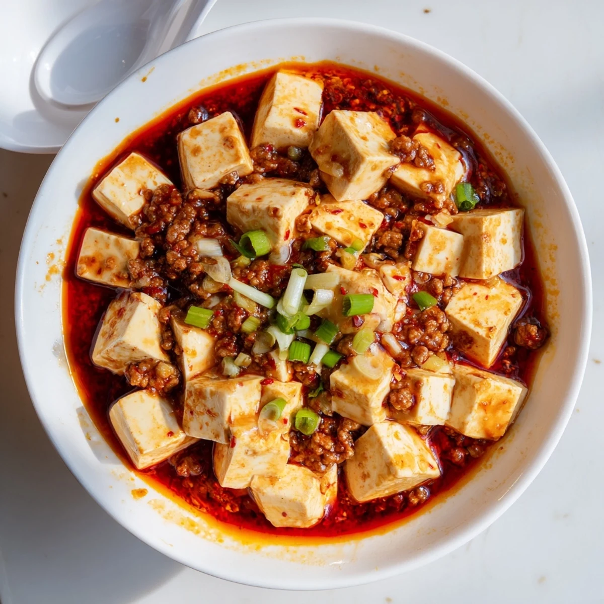 Silky cubes of Mapo Tofu swim in a rich, spicy red sauce with ground pork and fragrant aromatics