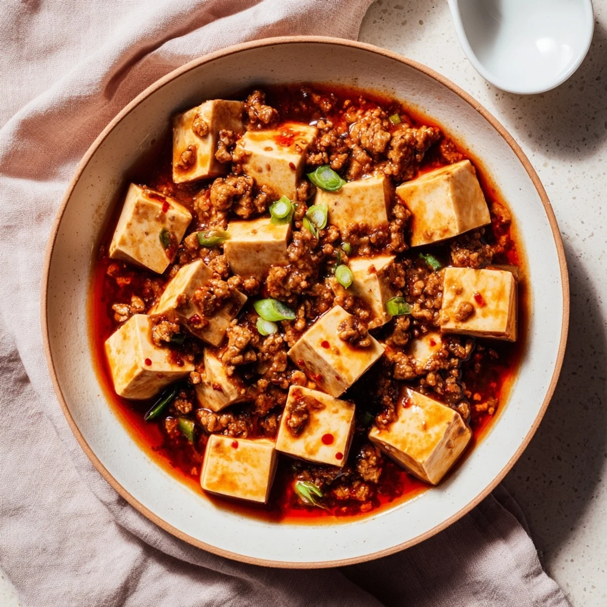 Steaming bowl of classic Mapo Tofu garnished with fresh scallions and ground Sichuan peppercorns over white rice