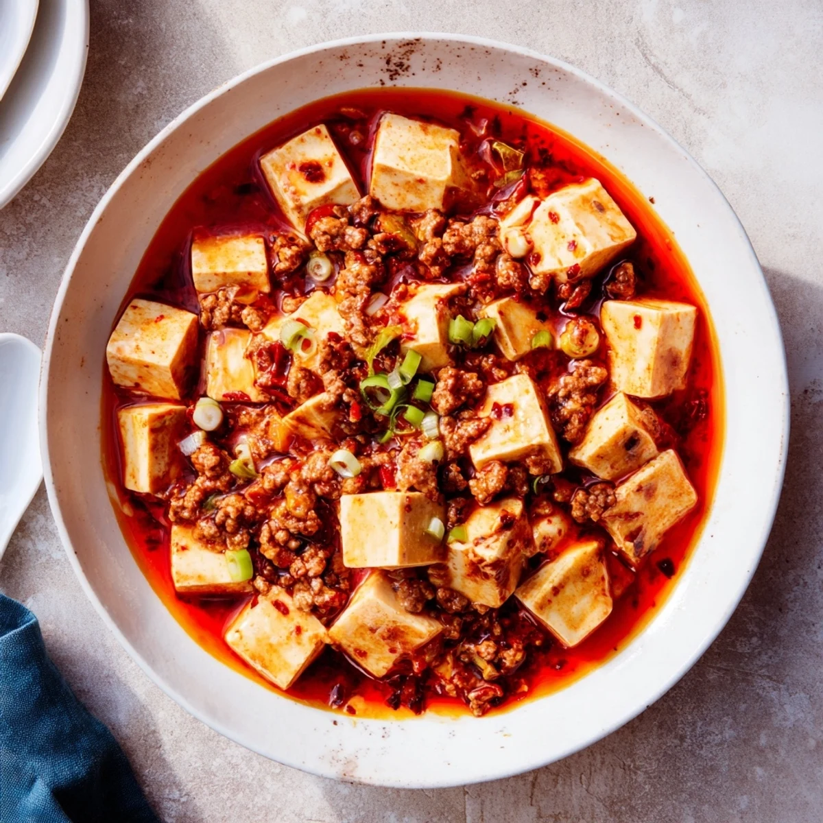 Golden Mapo Tofu featuring tender tofu pieces and savory pork in a glossy, numbing chili-infused sauce