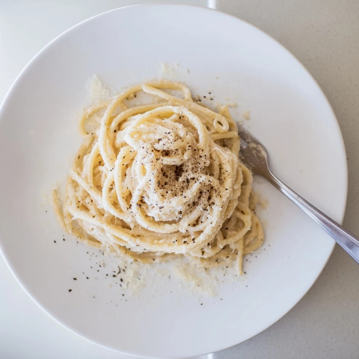 Creamy Cacio e Pepe pasta with glossy Pecorino Romano coating each spaghetti strand
