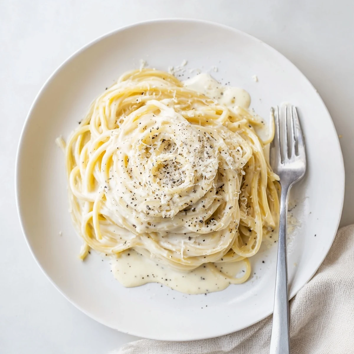 Bowl of authentic Cacio e Pepe tossed with freshly ground black pepper and cheese