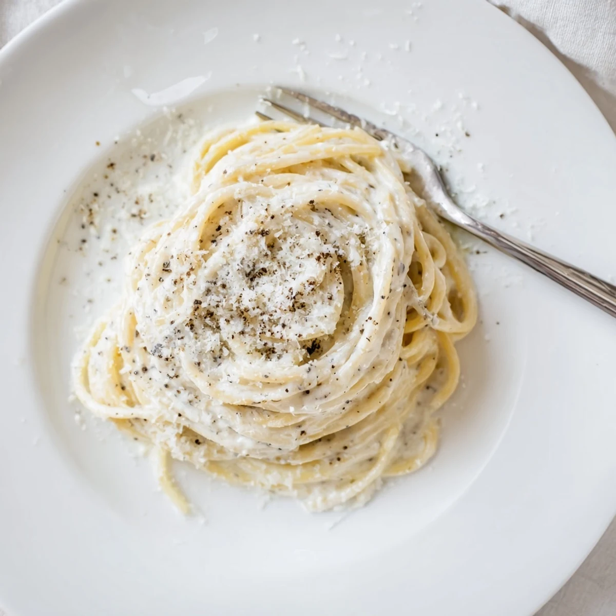 Golden Cacio e Pepe pasta dish topped with extra grated Pecorino Romano and peppery aroma
