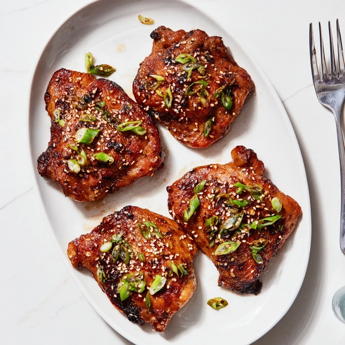 Golden roasted five spice chicken thighs with crispy glazed skin on a white platter