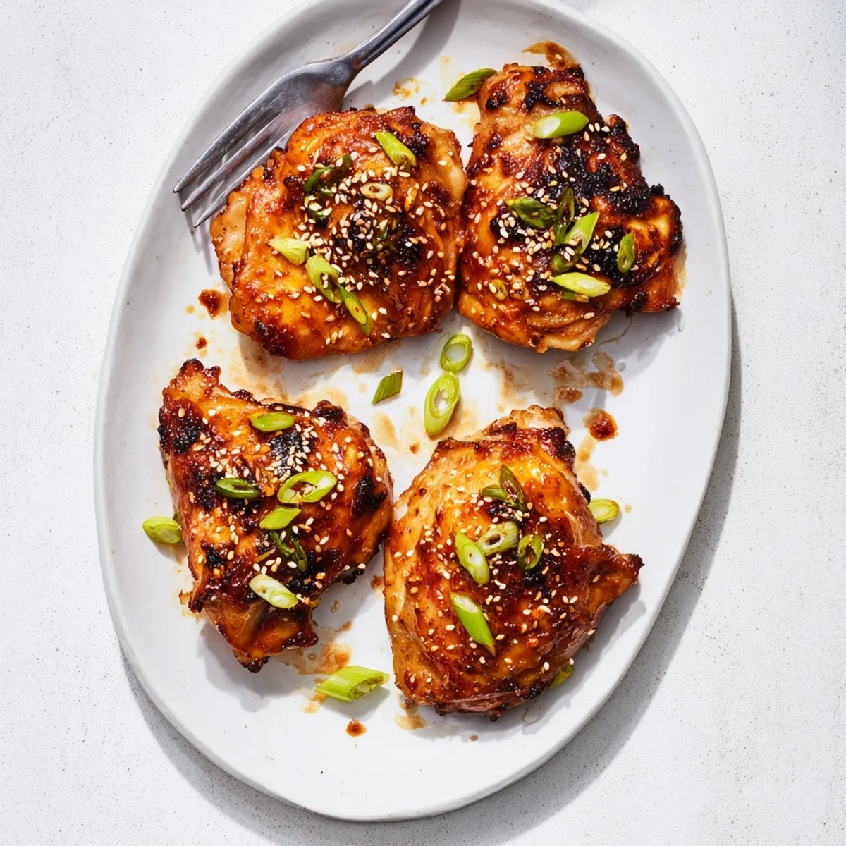 Juicy Chinese five spice chicken pieces garnished with fresh scallions and toasted sesame seeds