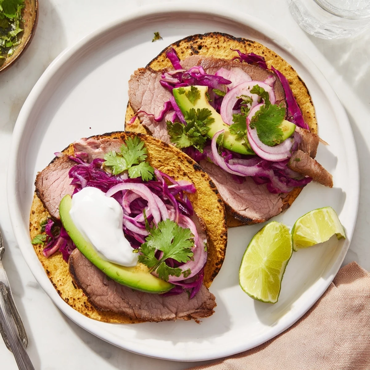 Succulent sliced cumin crusted leg of lamb served in warm tortillas with fresh avocado, red cabbage, and cilantro toppings