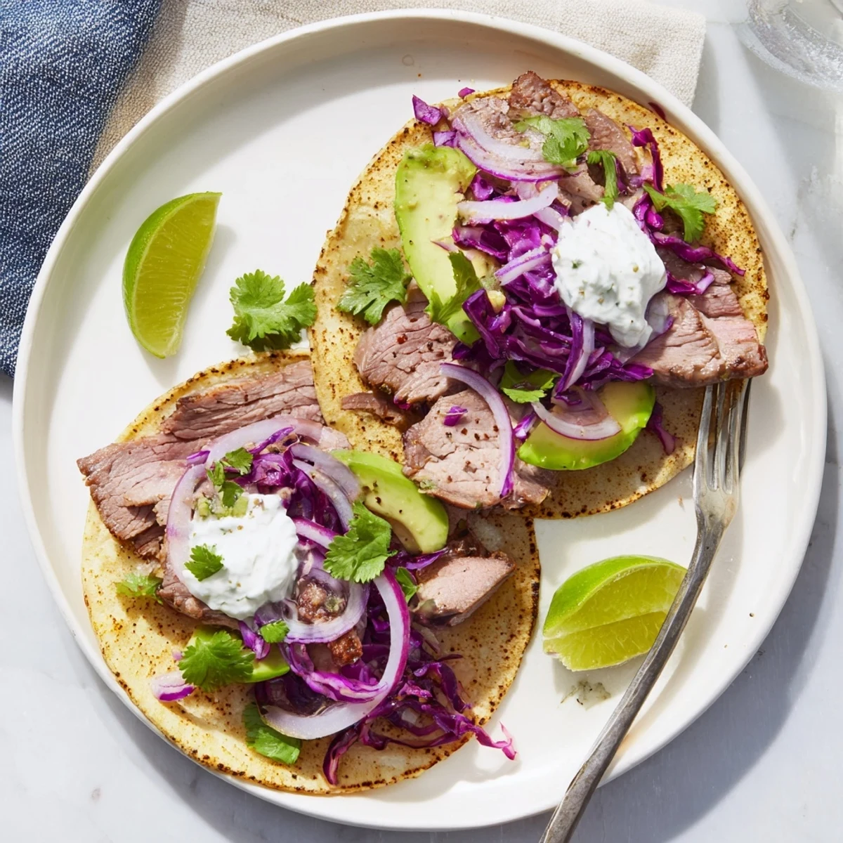 Tender roasted lamb seasoned with smoked paprika and cumin arranged in street style tacos with ripe avocado slices and crisp red onion