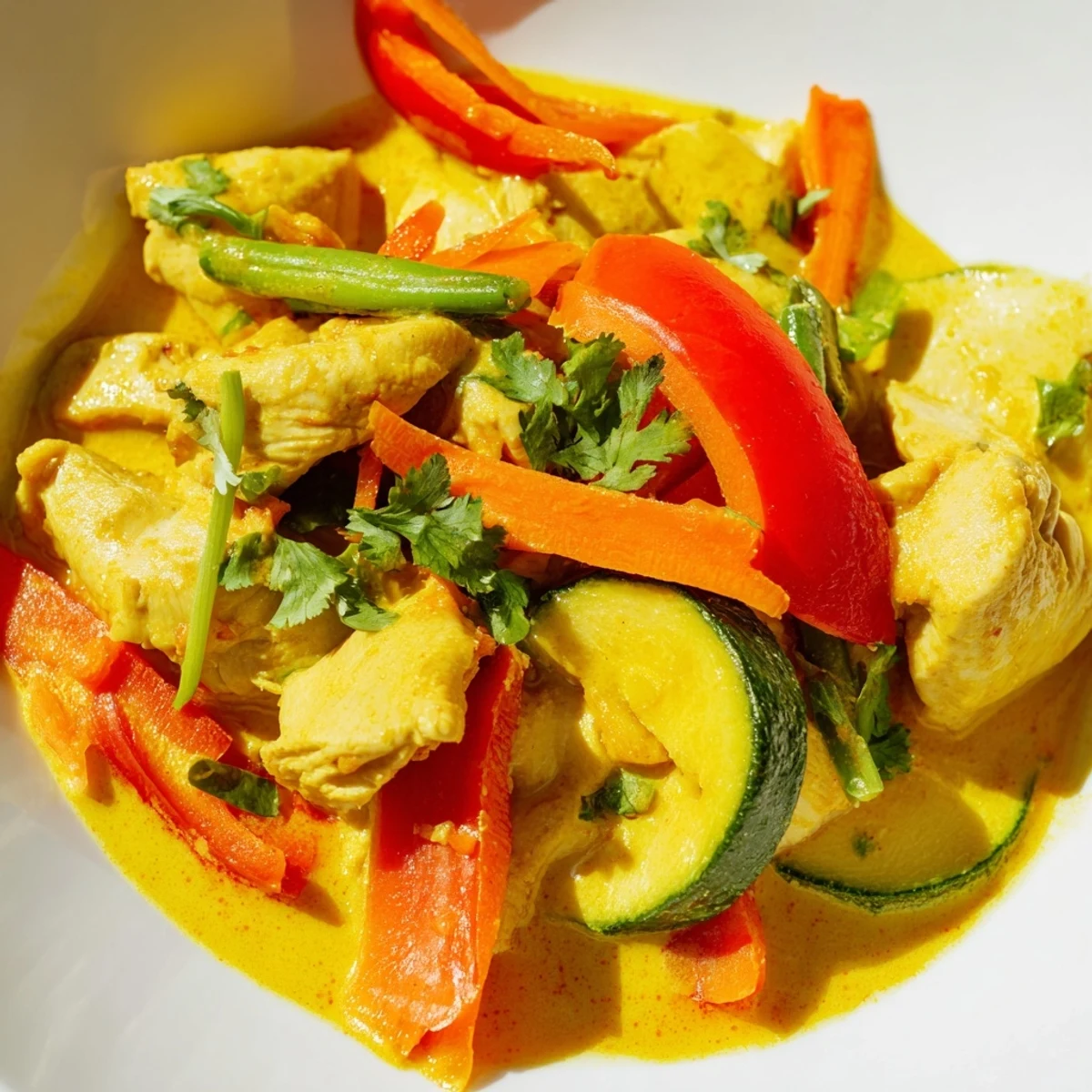 Creamy yellow jungle chicken curry served over steaming jasmine rice with fresh cilantro garnish