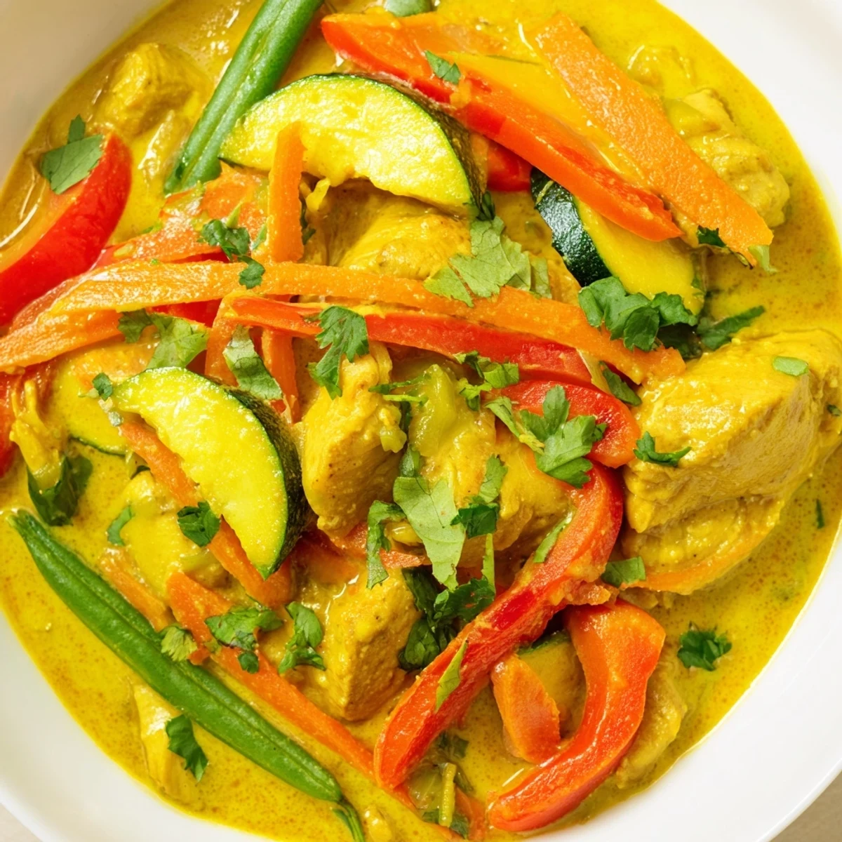 Vibrant Thai-inspired yellow jungle chicken curry featuring tender chicken in aromatic coconut sauce with vegetables