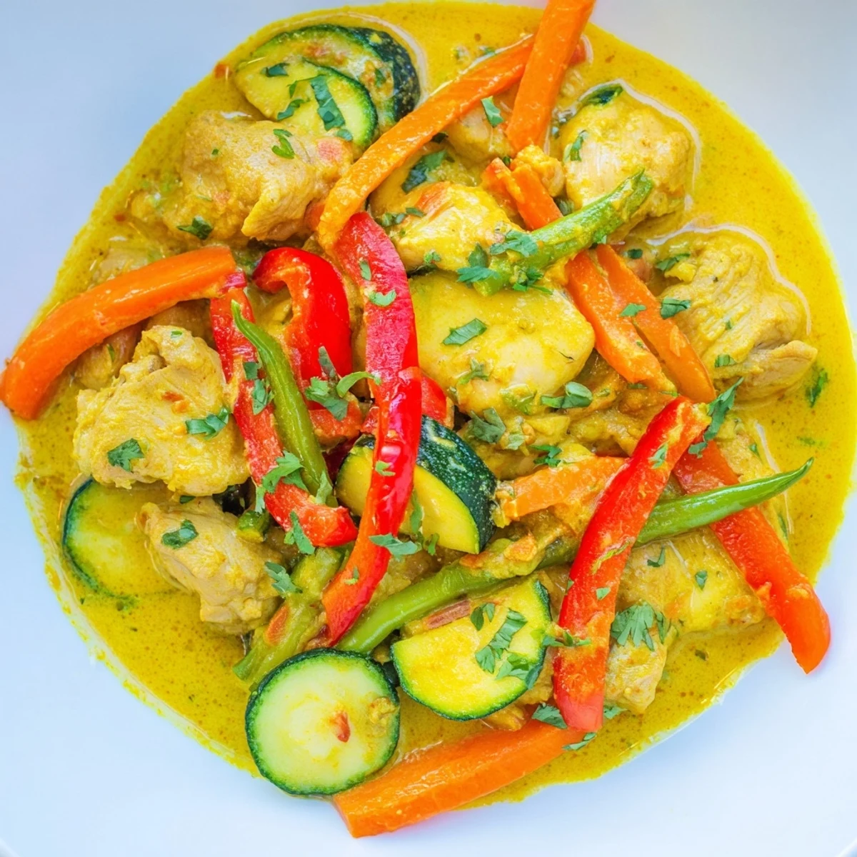 Golden yellow jungle chicken curry bowl with colorful bell peppers zucchini and fresh lime wedges
