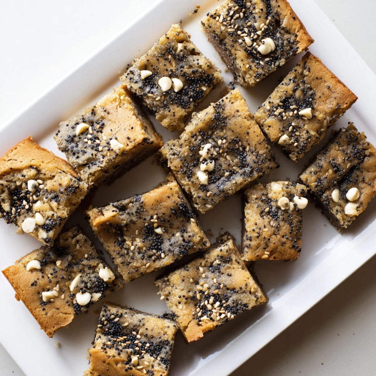 Chewy black sesame blondies studded with toasted sesame seeds and white chocolate chips