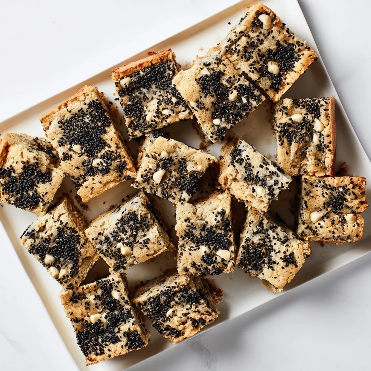 Golden square of black sesame blondies with speckled nutty swirl and crackly top