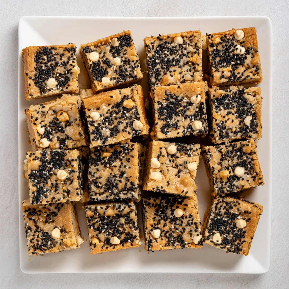 Buttery homemade black sesame blondies cut into squares on wooden serving board