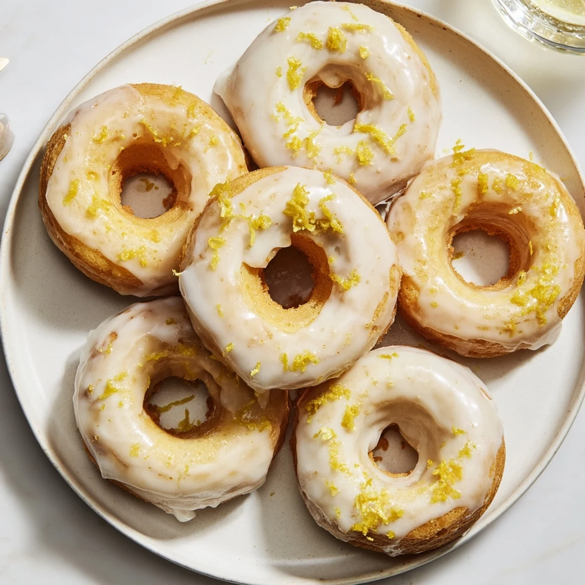 Golden glazed lemon mochi donuts with crackly icing on a white serving plate