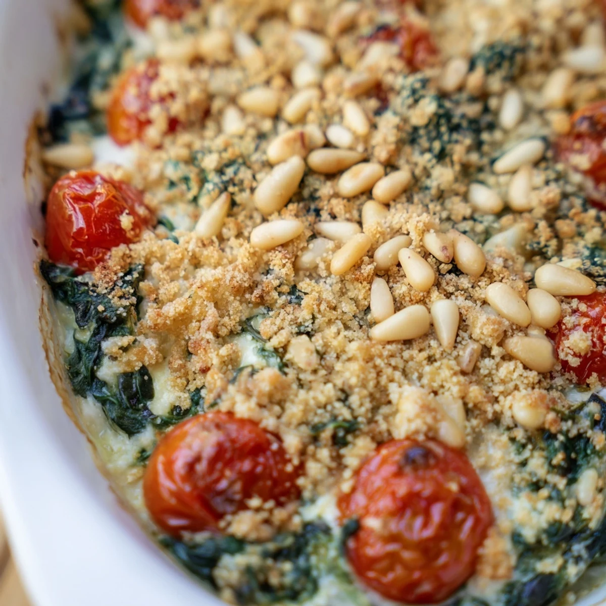 Creamy tomato spinach bake layered with juicy cherry tomatoes and toasted pine nuts