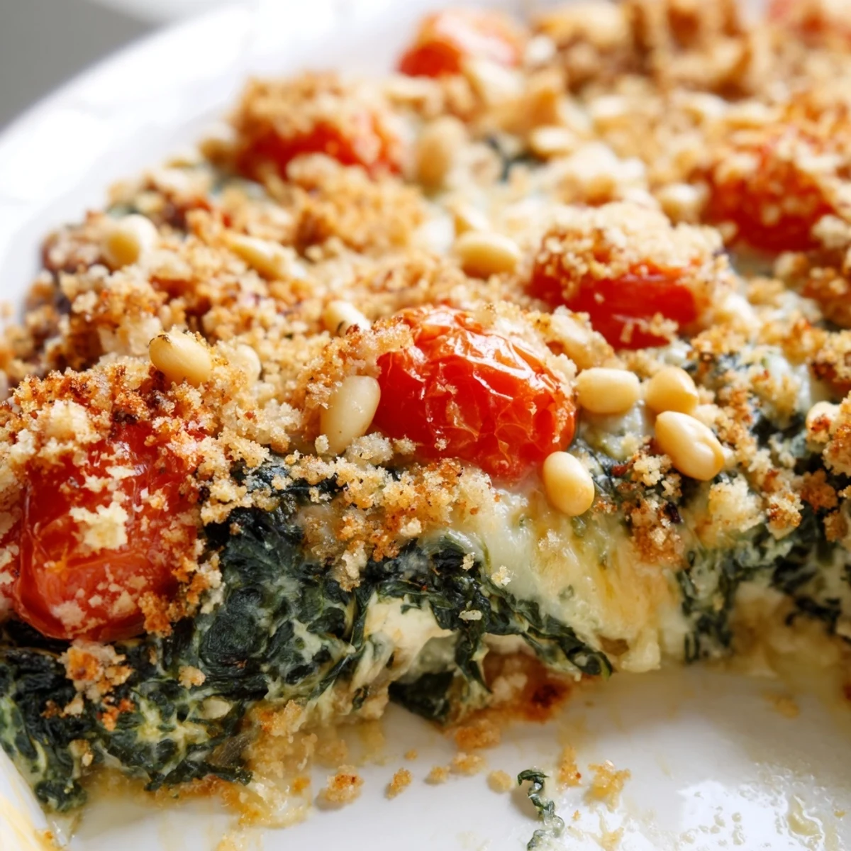 Golden tomato spinach pine nut bake with bubbling cream sauce and breadcrumb topping
