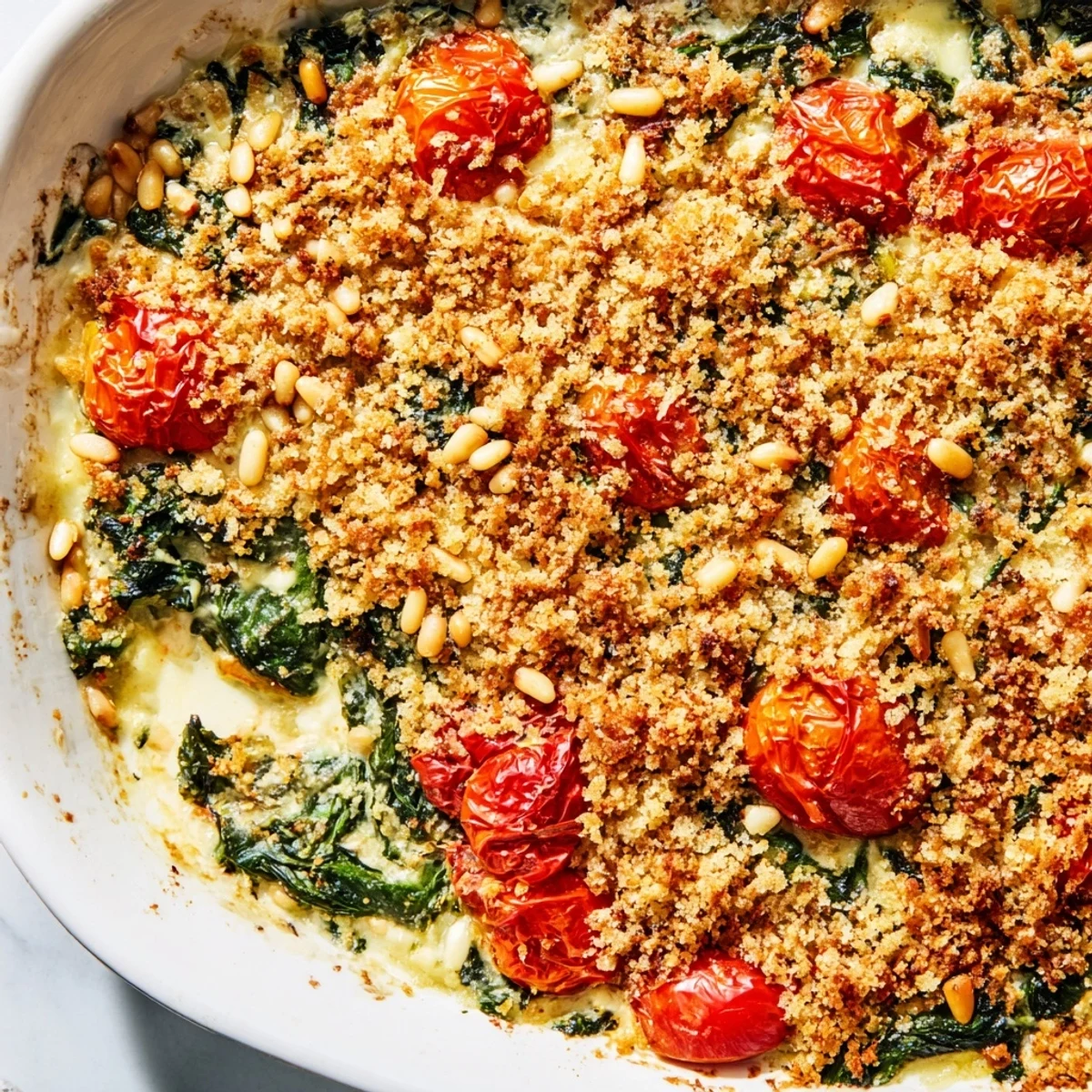 Vegetarian Mediterranean casserole featuring wilted spinach ricotta cream and golden pine nut crust