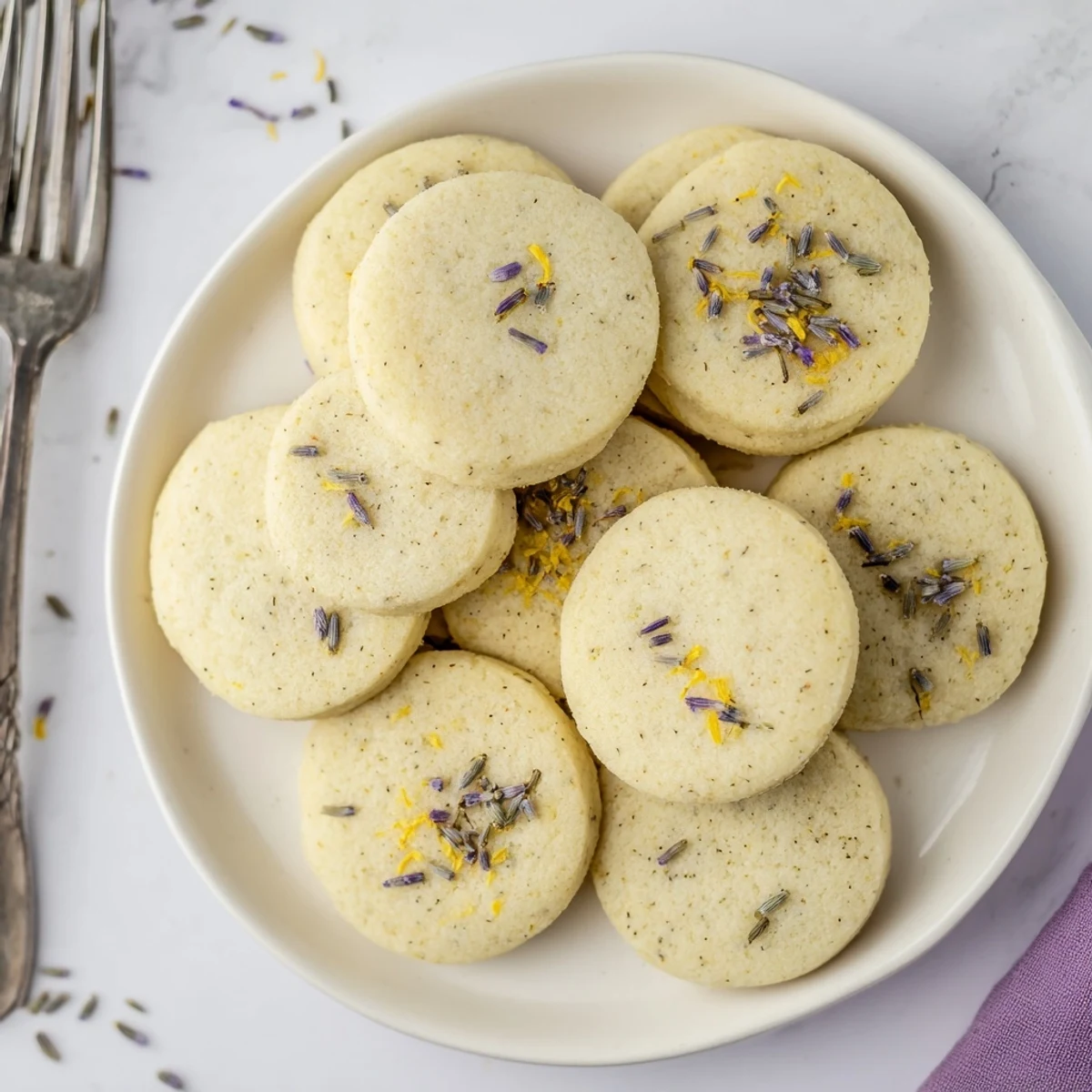 Delicate buttery lemon lavender cookies arranged on a rustic wooden board with dried lavender sprigs