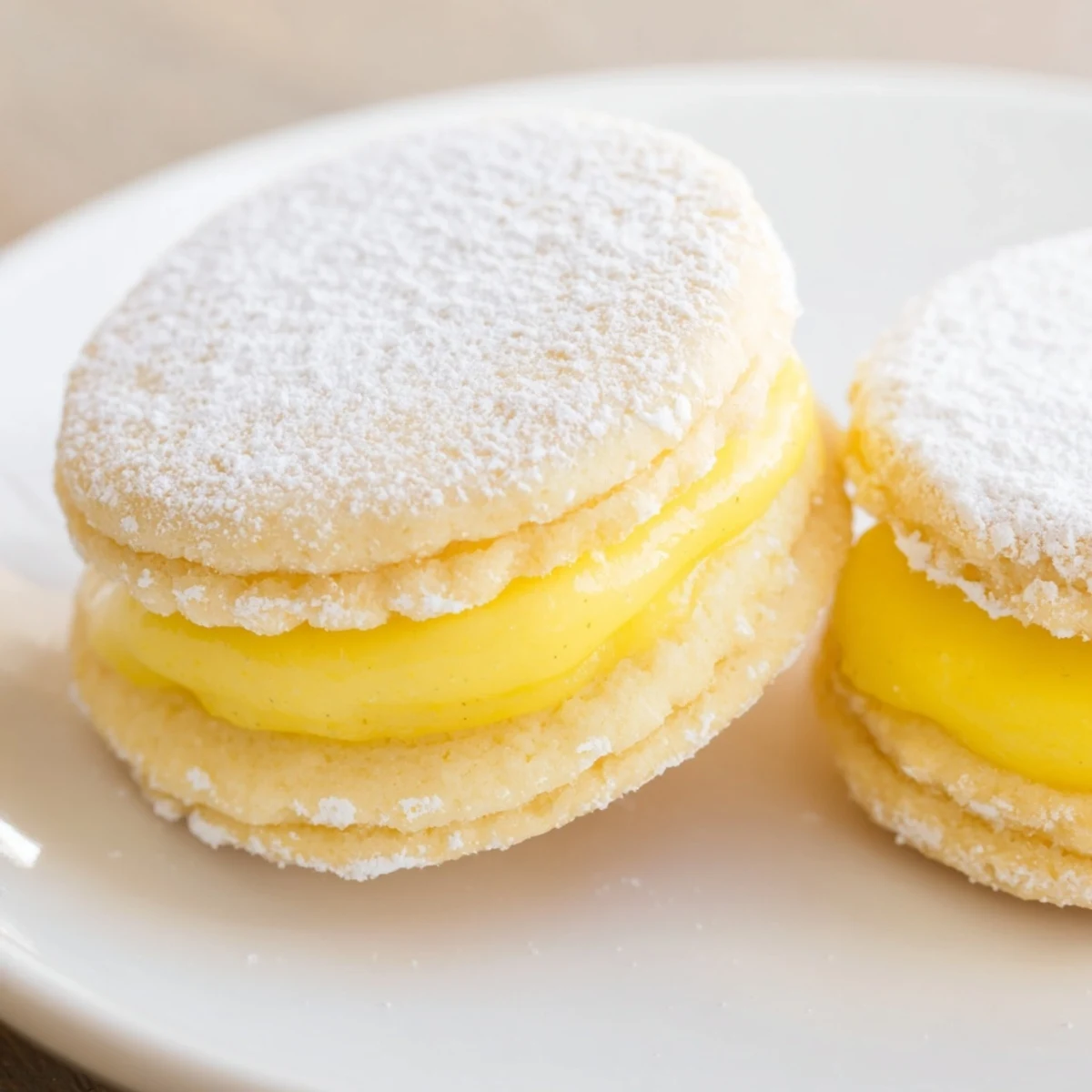 Golden lemon sandwich cookies filled with tangy bright yellow curd on a white plate