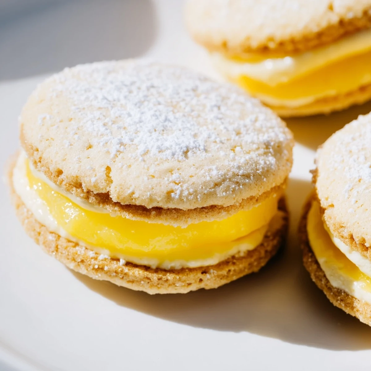 Two delicate vegan lemon sandwich cookies with zesty curd filling dusted with powdered sugar