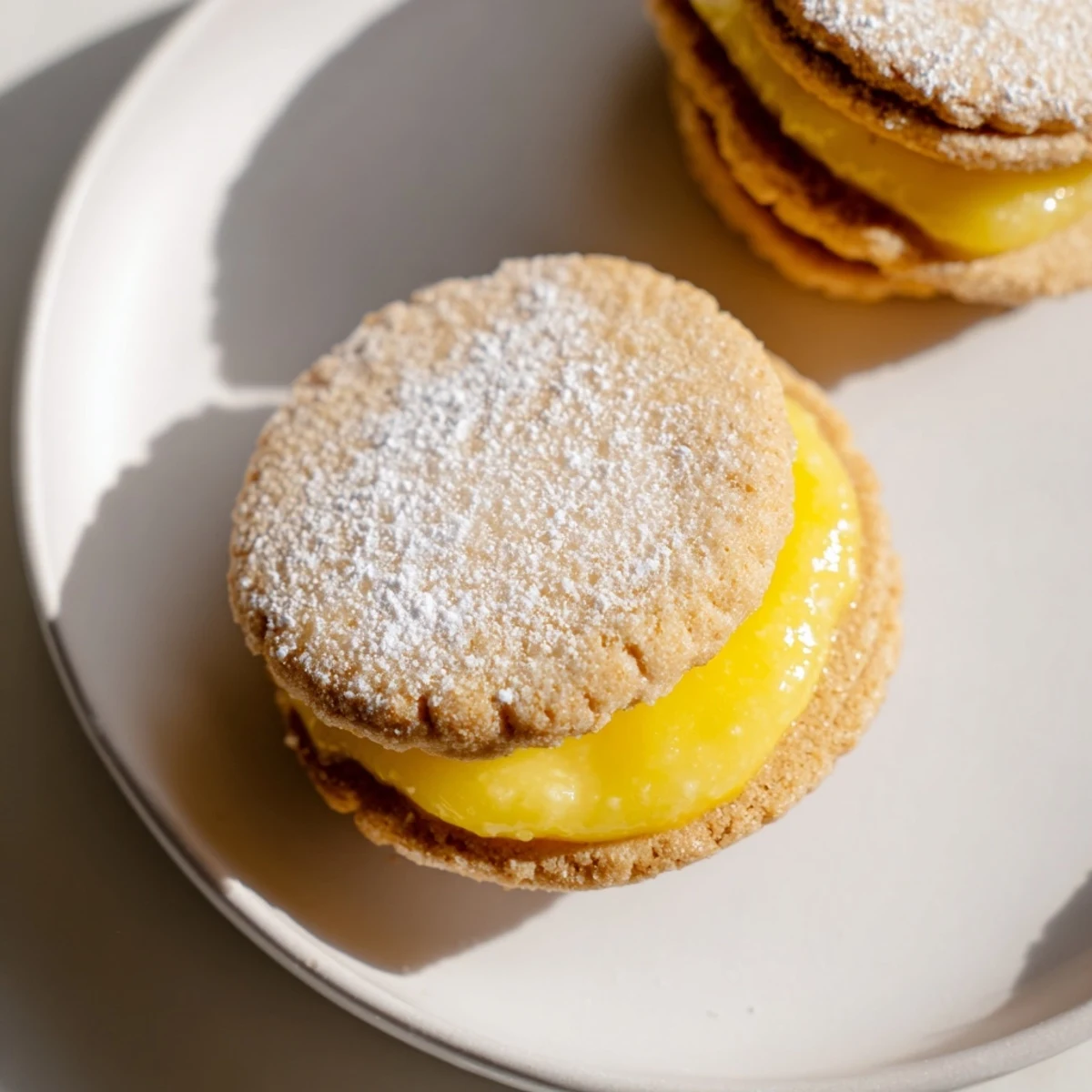 Close-up of gluten-free lemon sandwich cookies showcasing creamy homemade curd between crisp rounds