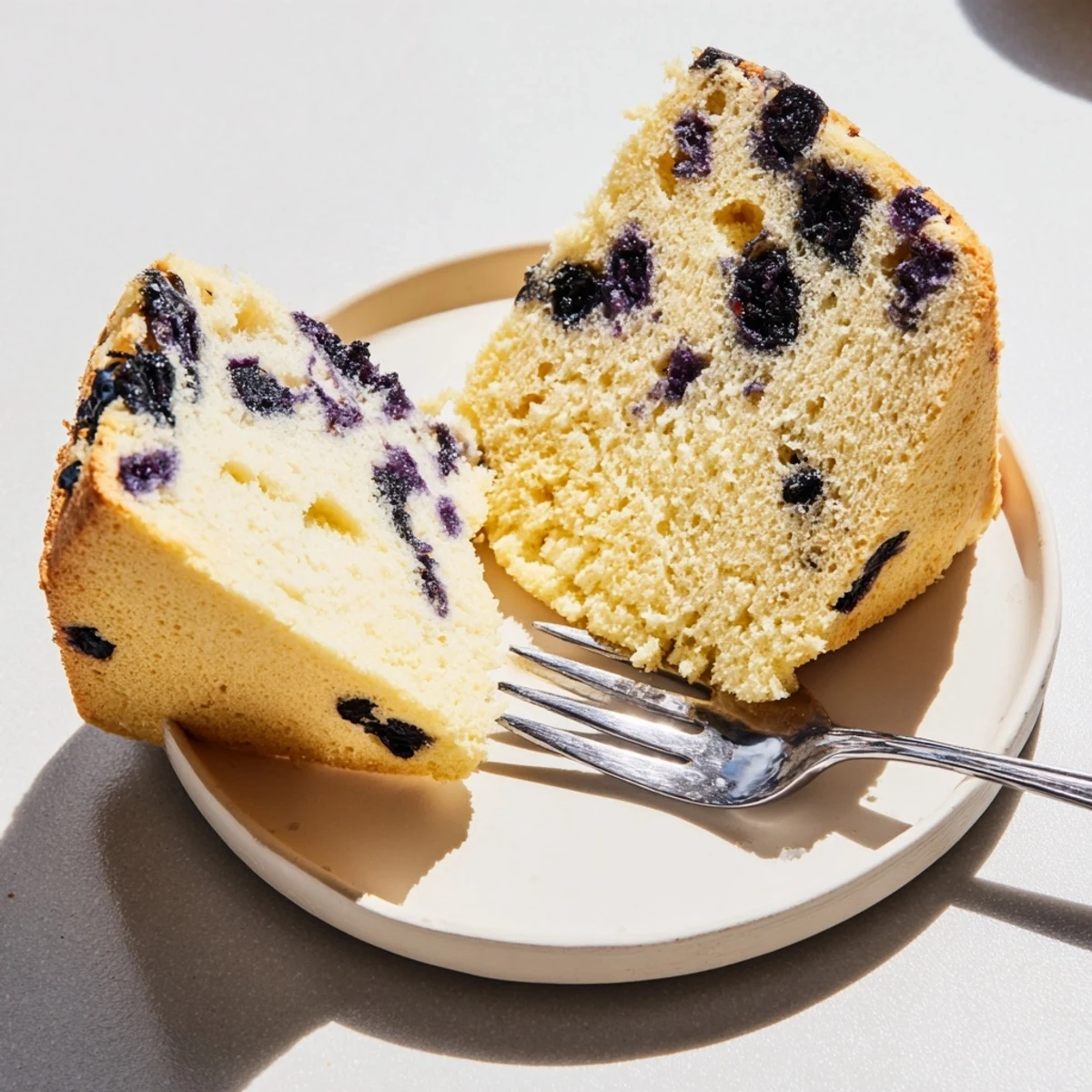 Light and airy blueberry chiffon cake featuring tender crumb and scattered blueberries on a rustic wooden board