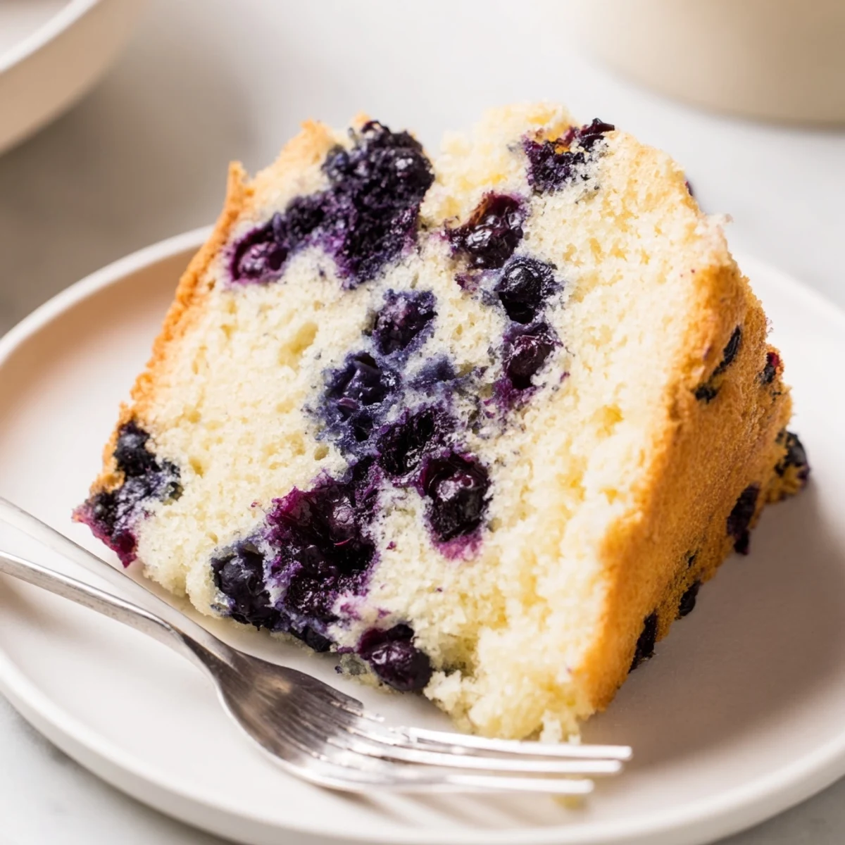 Golden slice of fluffy blueberry chiffon cake topped with fresh blueberries and a dusting of powdered sugar