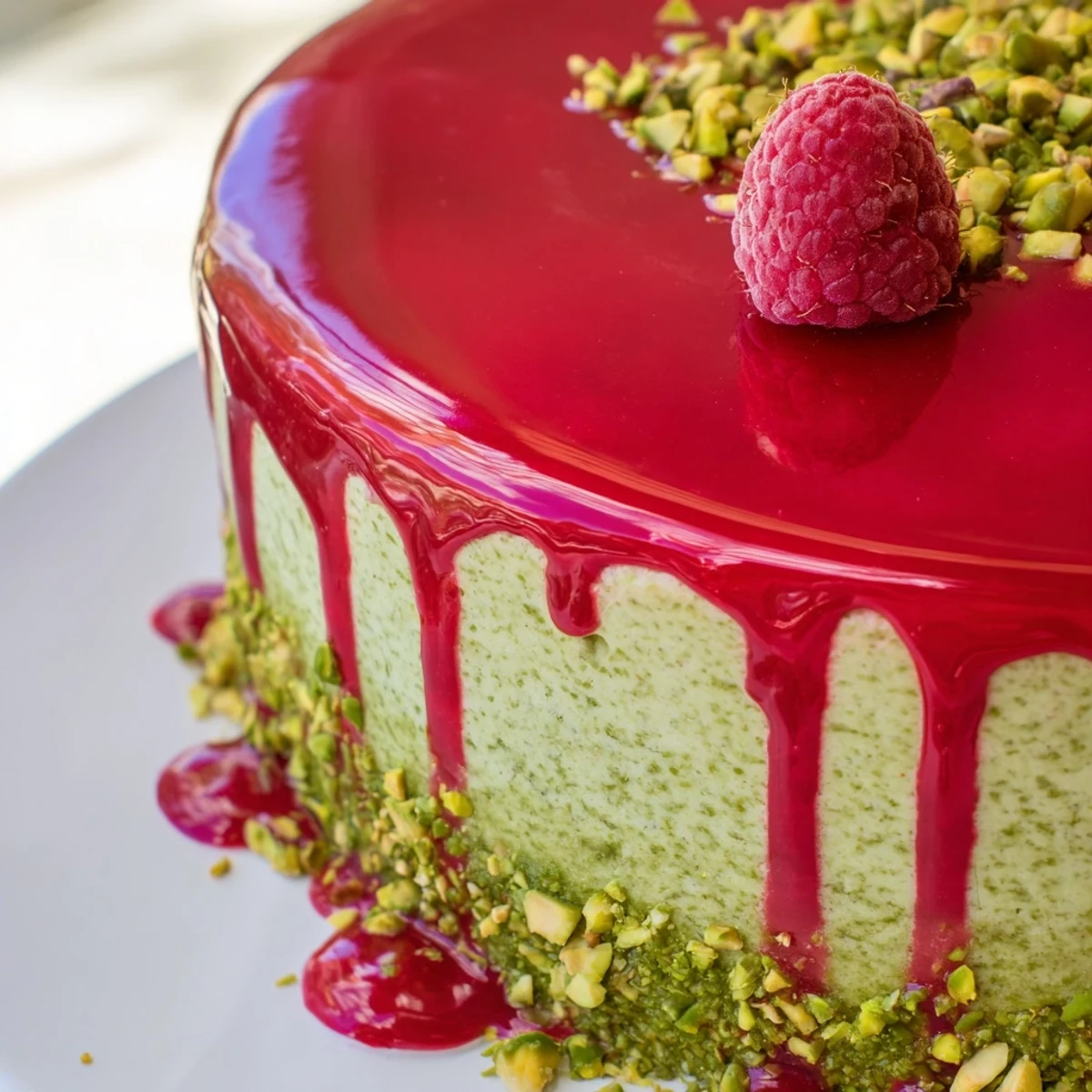 Mini raspberry pistachio mousse cakes with glossy red glaze and chopped pistachio garnish
