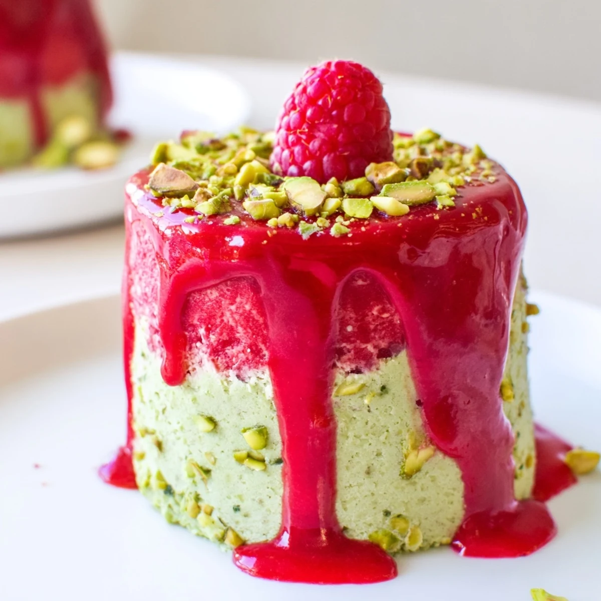 Elegant layered dessert featuring pistachio sponge and creamy raspberry mousse topped with fresh berries