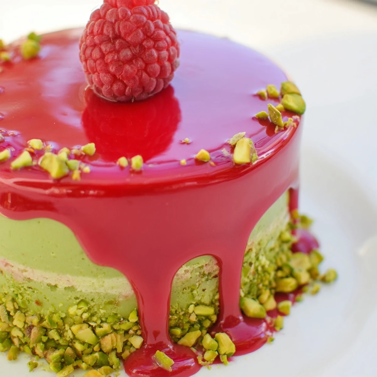 French-inspired mini cakes showcasing vibrant raspberry glaze over green pistachio mousse layers