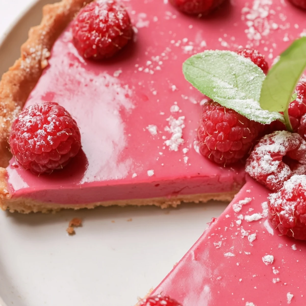 Vibrant pink raspberry curd fills these elegant vegan tarts topped with fresh mint and berries