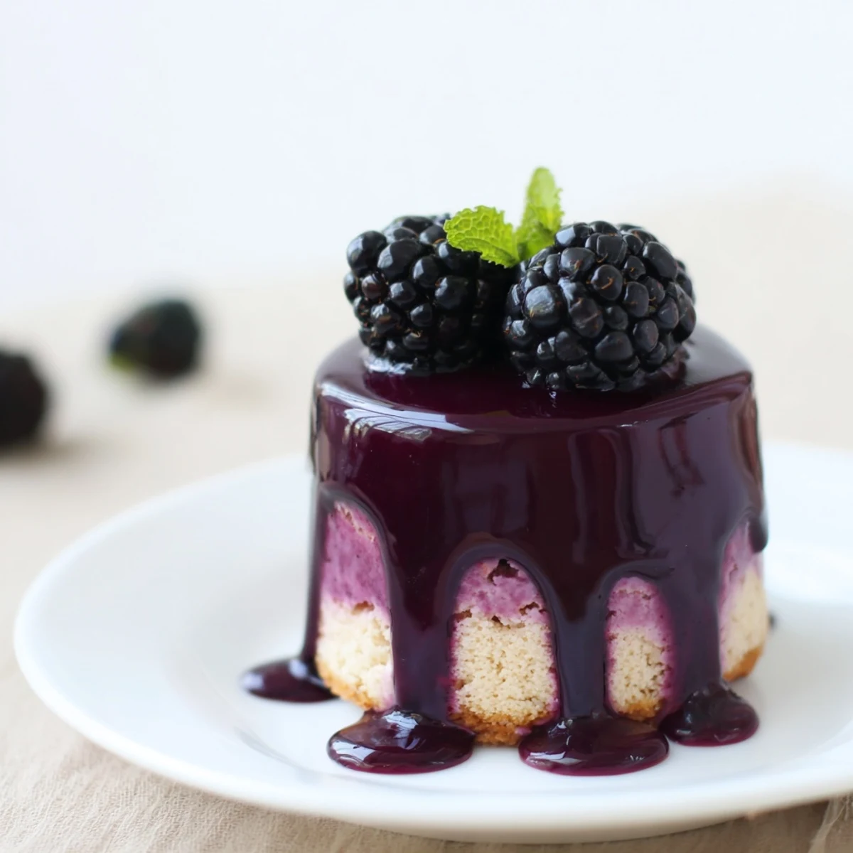 Mini blackberry mousse cakes with glossy purple glaze topping individual sponge rounds