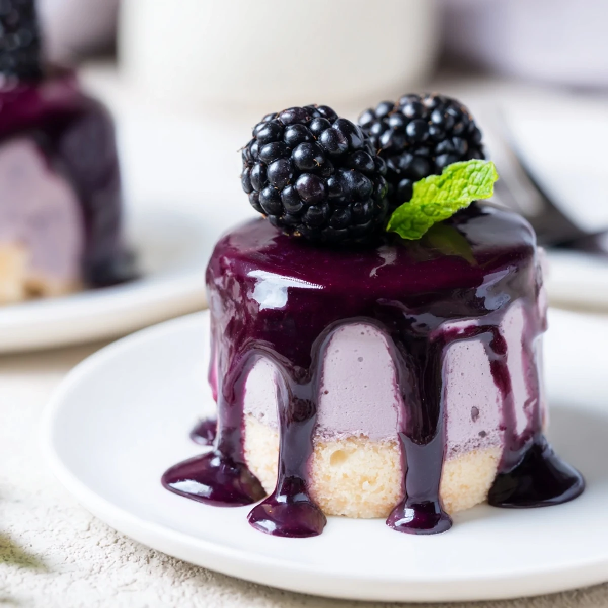 Elegant mini blackberry mousse cakes garnished with fresh berries and edible flowers