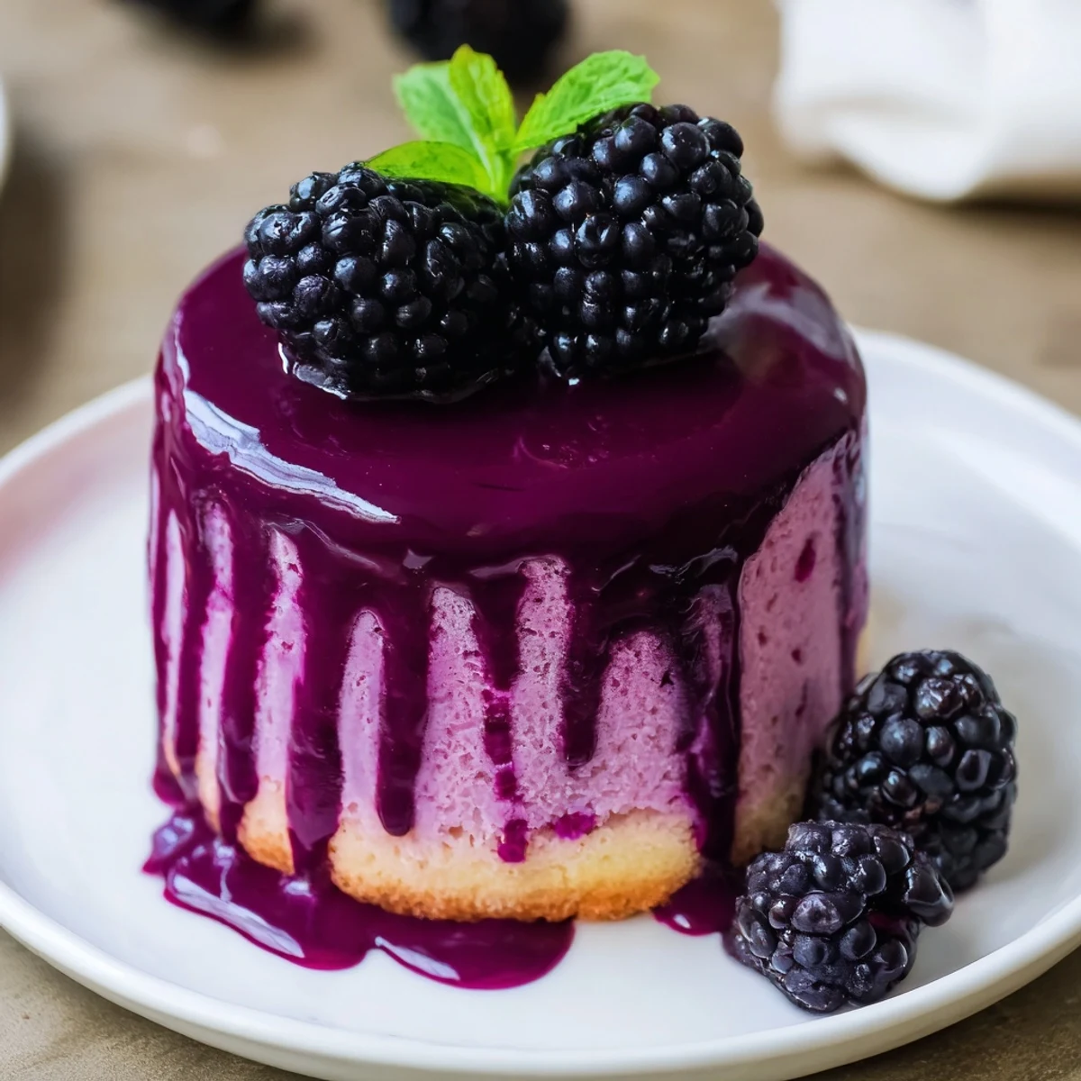 Delicate mini blackberry mousse cakes featuring airy whipped cream and tender sponge base