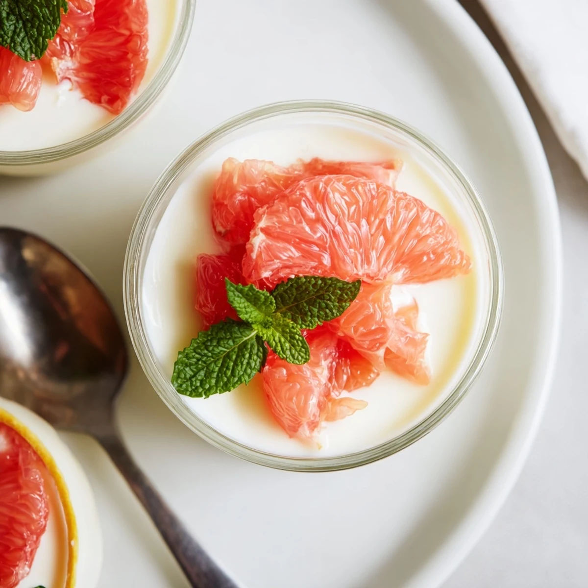 Elegant Italian grapefruit panna cotta dessert garnished with juicy grapefruit and fresh mint