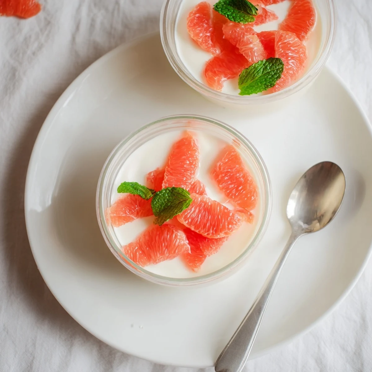 Silky smooth grapefruit panna cotta served with vibrant citrus segments on a white plate