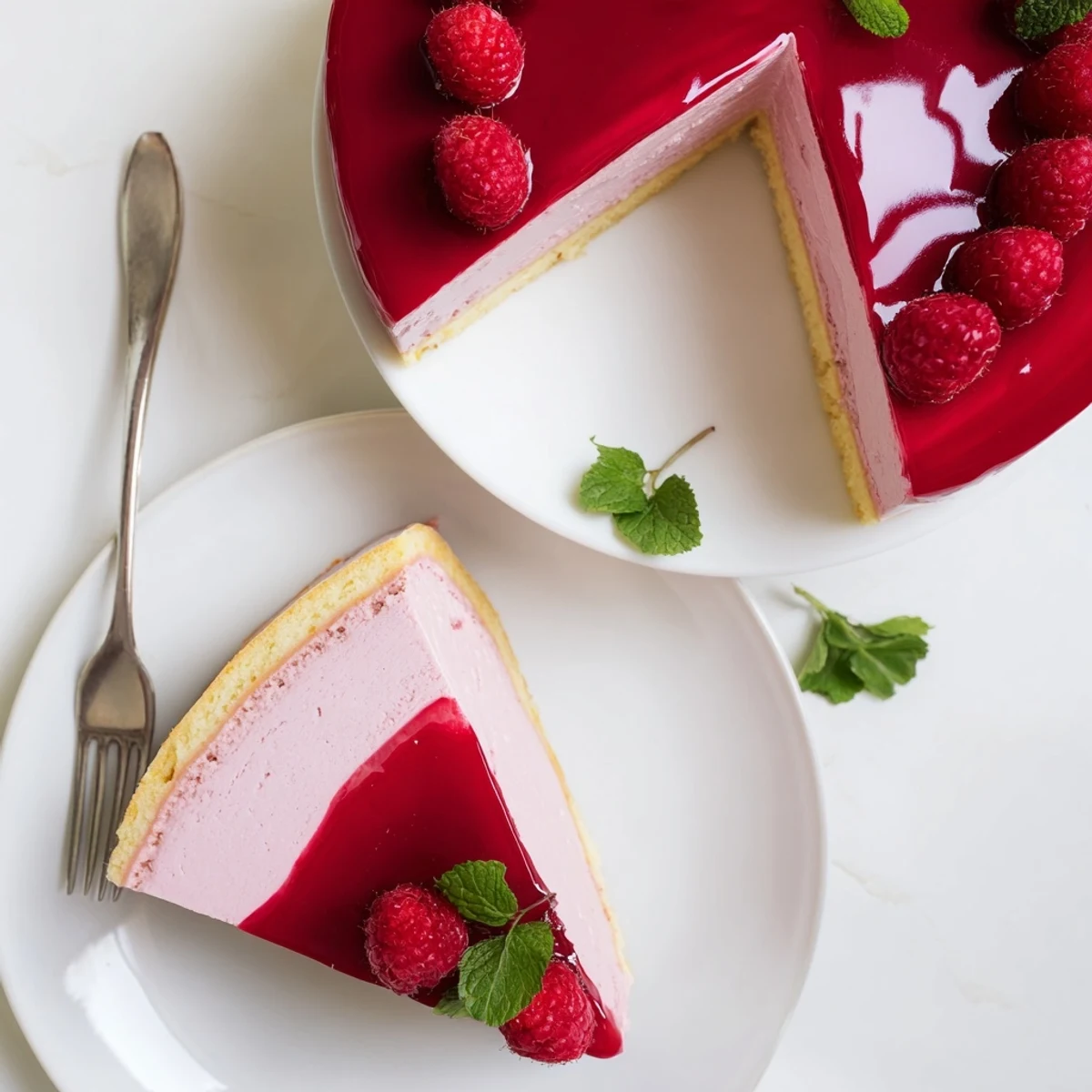 Elegant raspberry mousse cake with glossy red glaze and fresh berry garnish on white serving plate