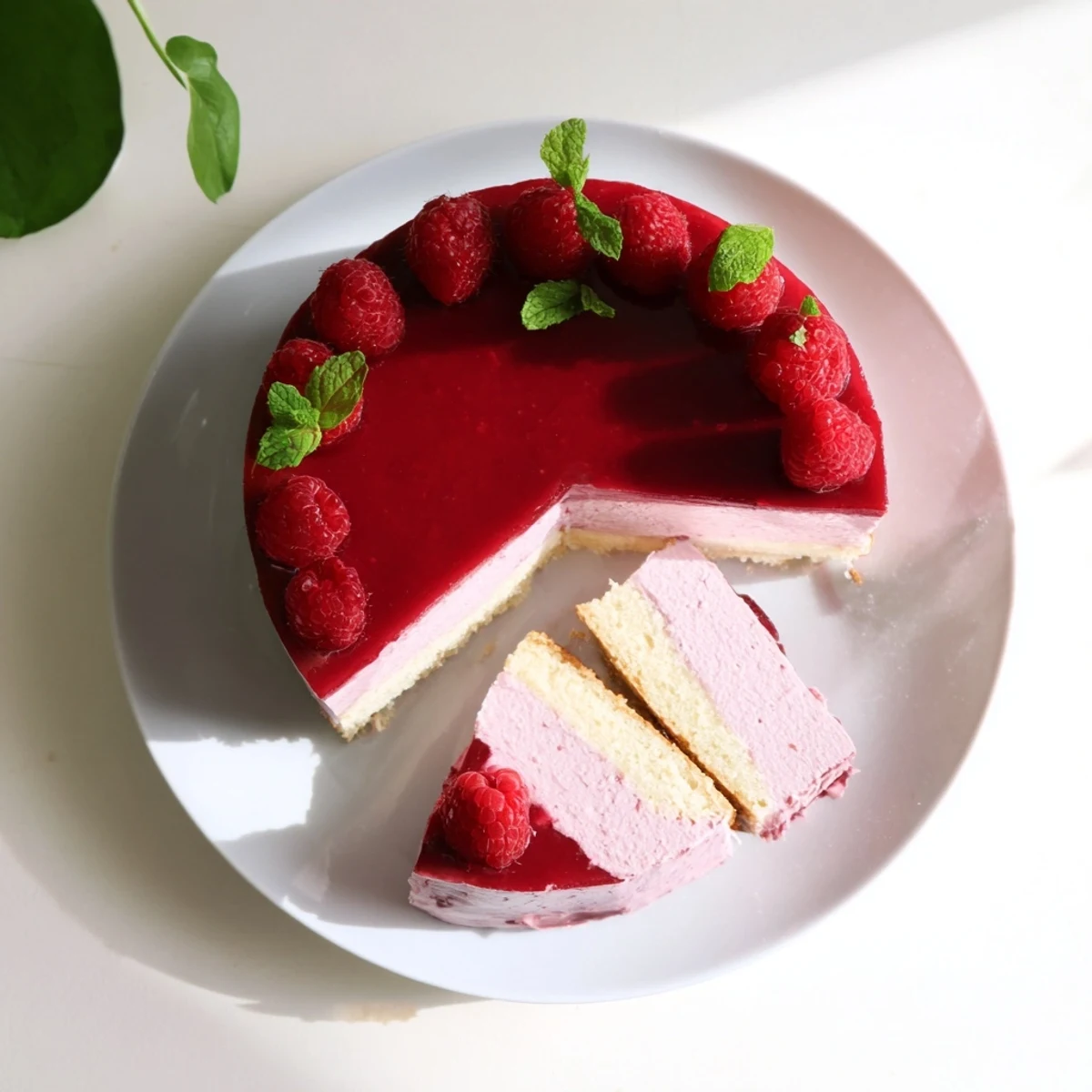 Pink raspberry mousse cake slice revealing airy texture and nutty almond layers beneath glazed surface
