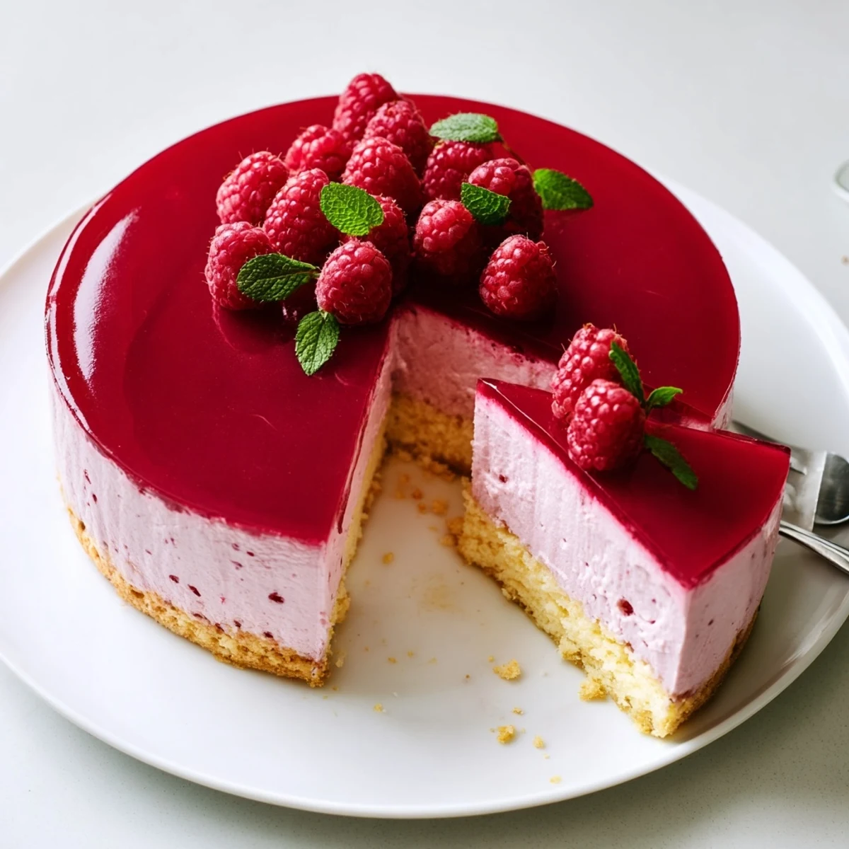 Light layered dessert featuring fluffy raspberry mousse atop moist almond sponge base with shiny topping