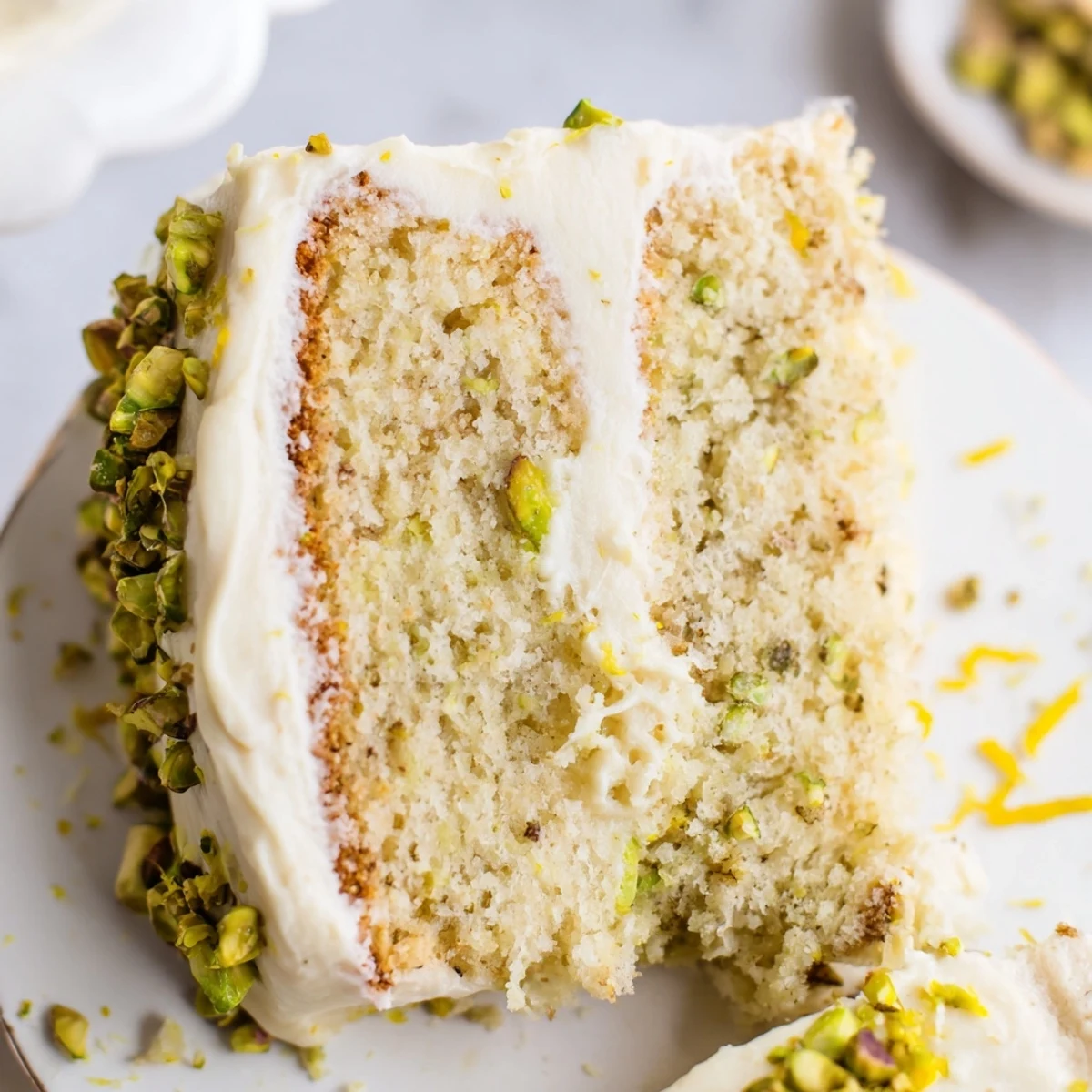 Golden lemon pistachio cake slice topped with fluffy white mascarpone frosting and green nut garnish