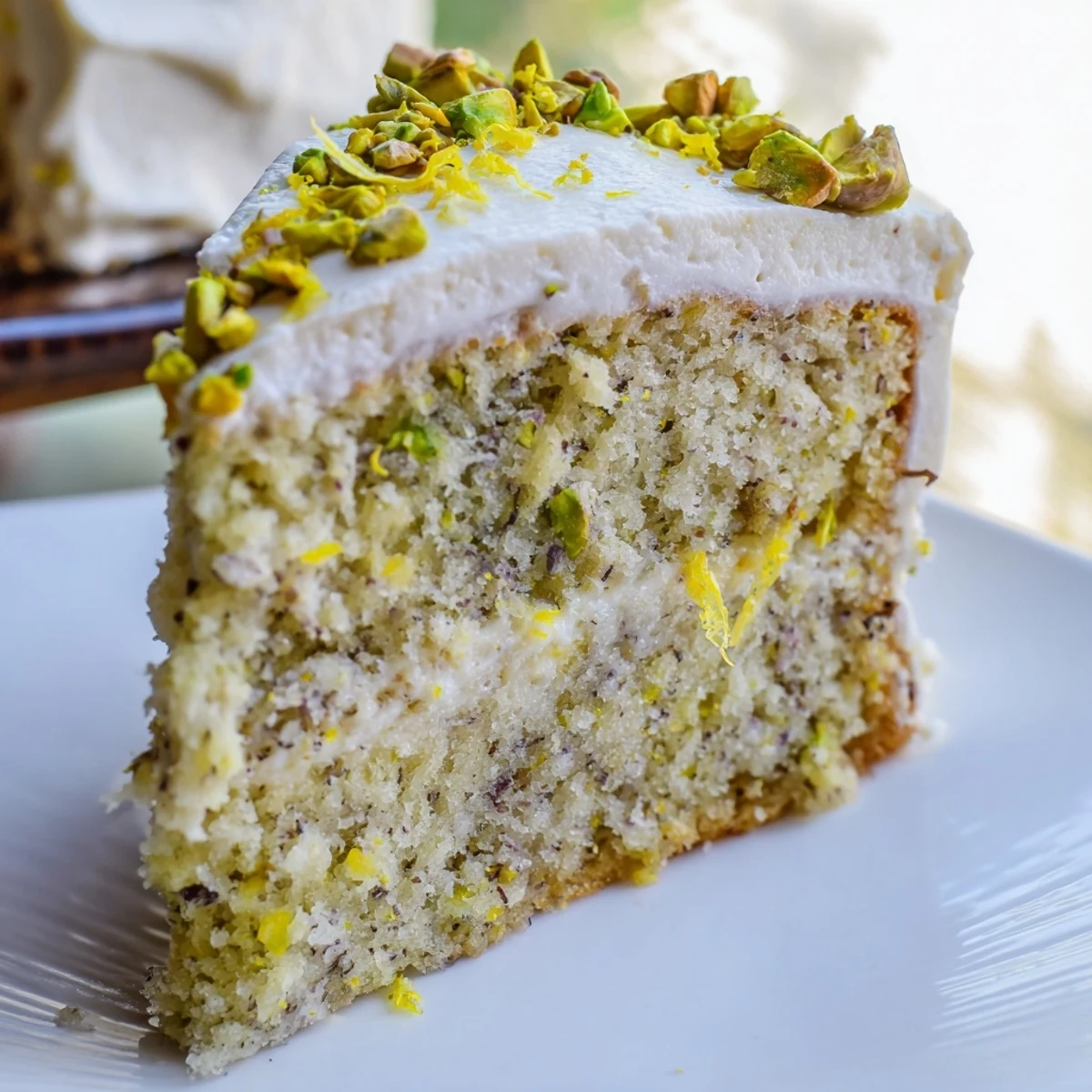 Moist lemon pistachio cake with creamy mascarpone frosting on a white plate with fresh zest