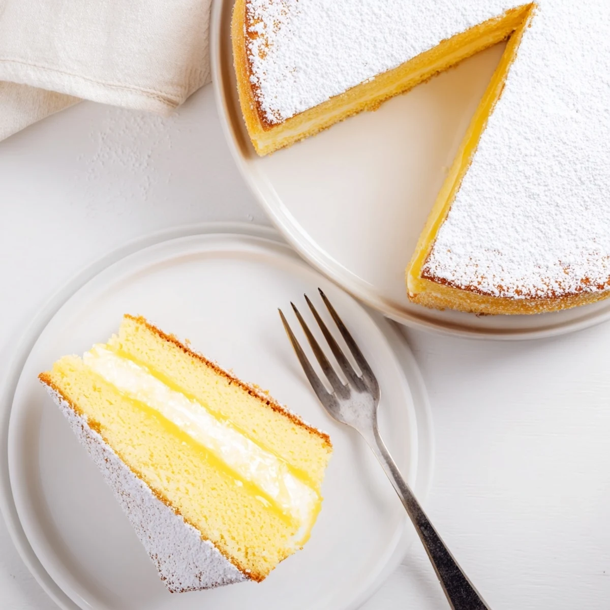 Homemade Italian lemon custard cake with citrus layers dusted with powdered sugar on serving plate