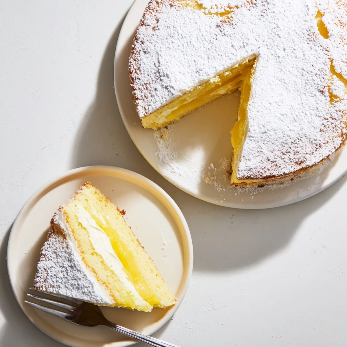 Fluffy yellow cake layered with silky smooth lemon custard filling on a white dessert plate