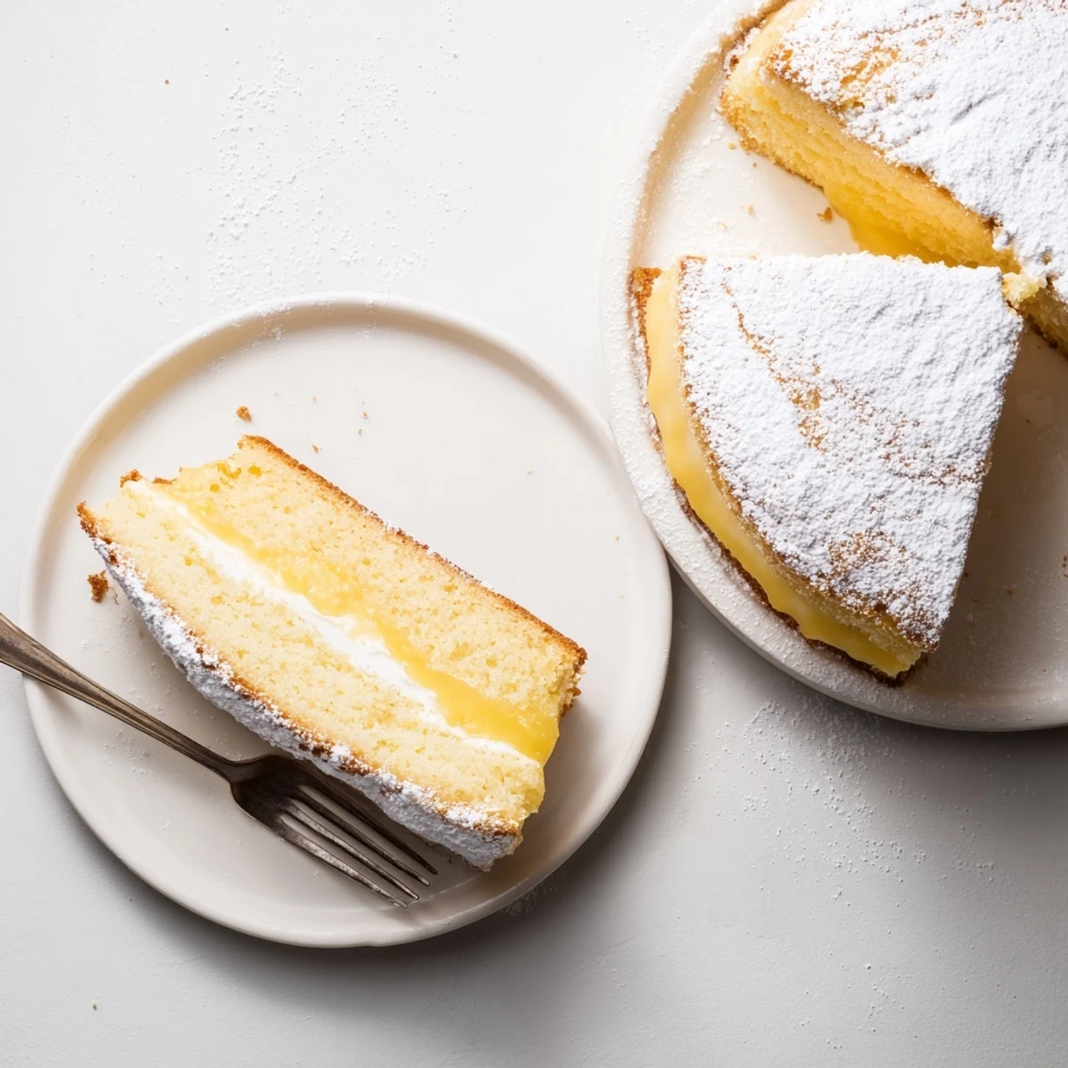 Golden slice of Italian Grandmas Lemon Custard Cake topped with powdered sugar and fresh lemon curl