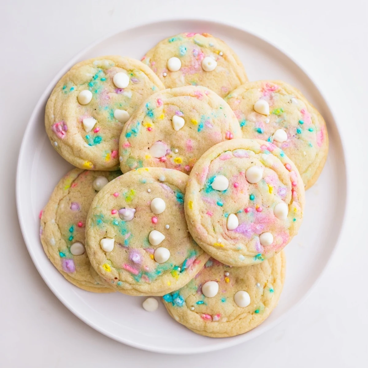 Soft Easter Funfetti Cookies topped with pastel sprinkles on a white plate