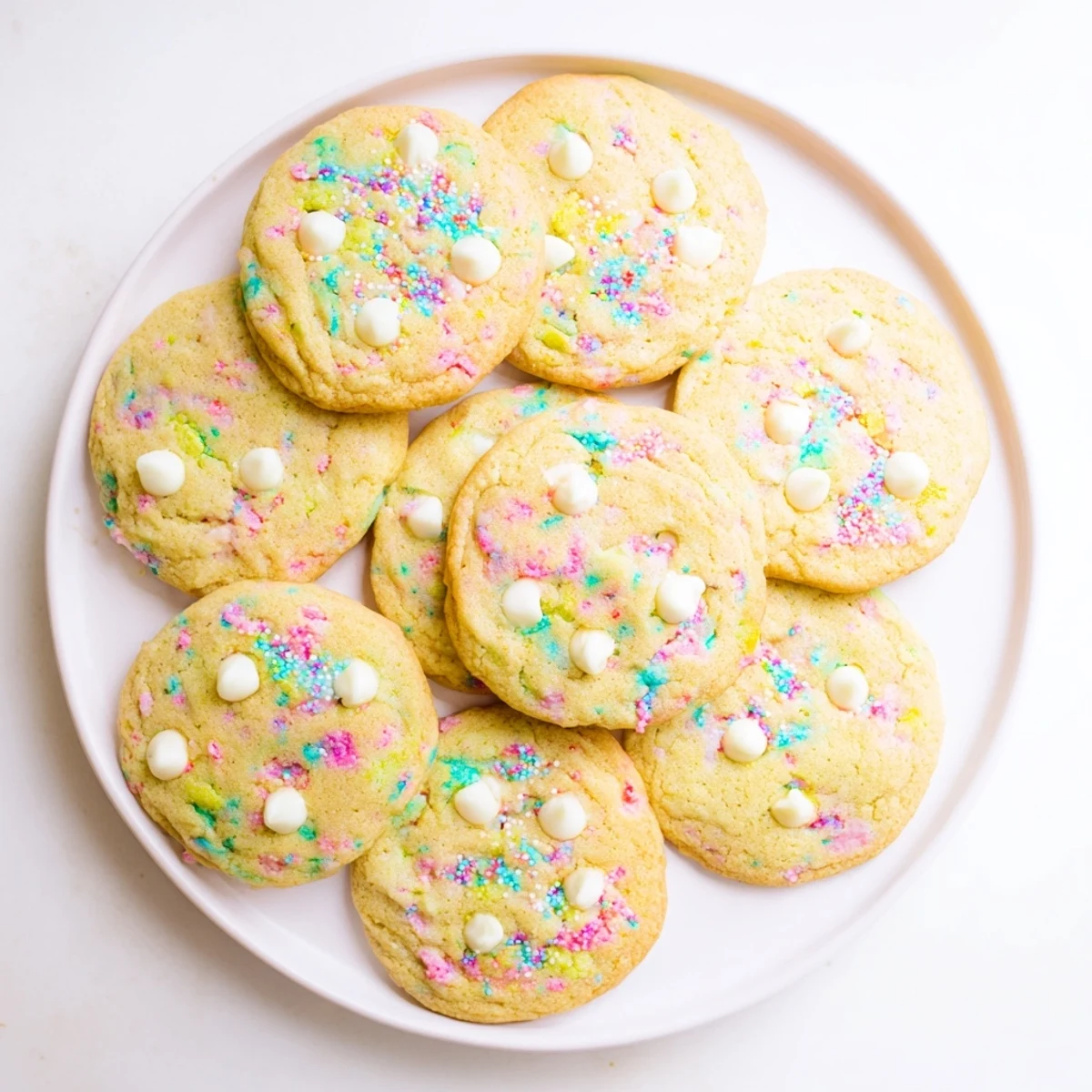 Golden Easter Funfetti Cookies with colorful speckles cooling on a wire rack
